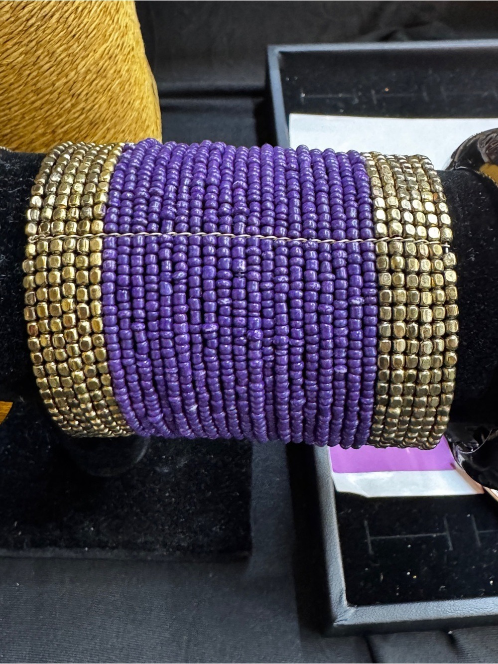 Chico's Purple and Gold Seed Bead Cuff Bracelet